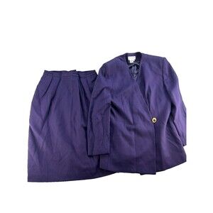 Vtg Saville Women 2pc Skirt Suit Set Purple SZ 12 Wool Lined Wrap Blazer USA
